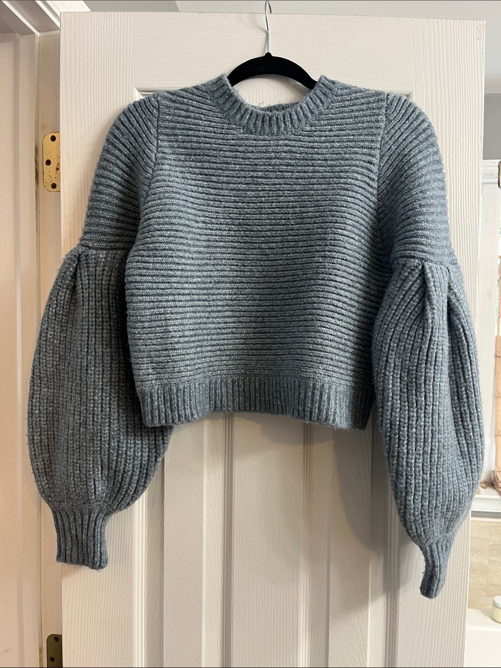 ZARA Cropped Balloon Sleeve Ribbed Sweater - Blue-Gray